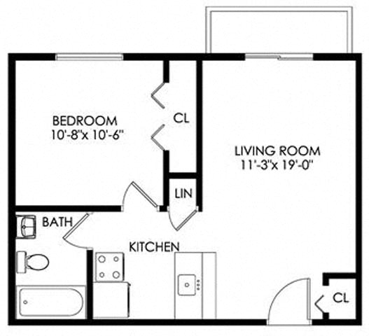 Floor plan for 1 bed, 1 bath, 505 sqft